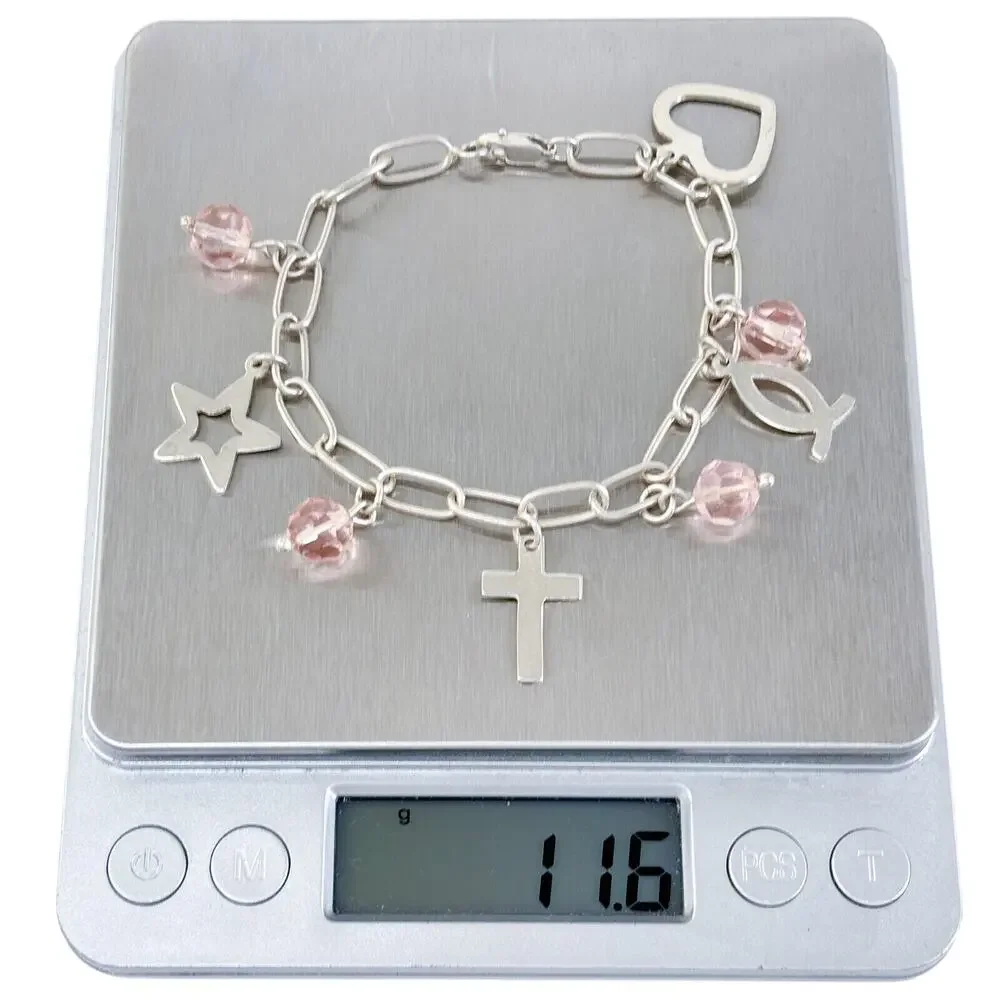 Vintage Sterling Silver 925 Religious Pink Crystal Charm Bracelet 7